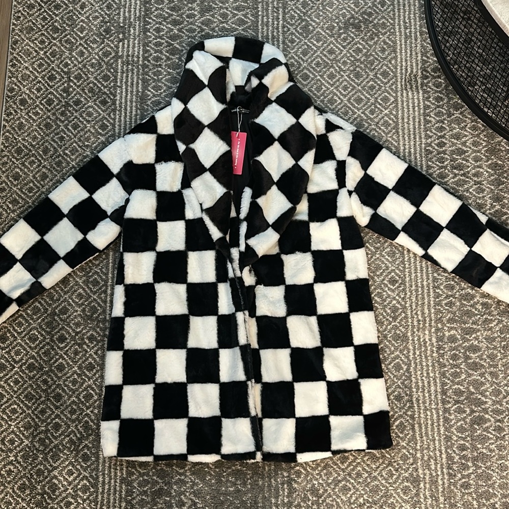 Checkerboard Pattern Drop Shoulder Open Front Fuzzy Coat